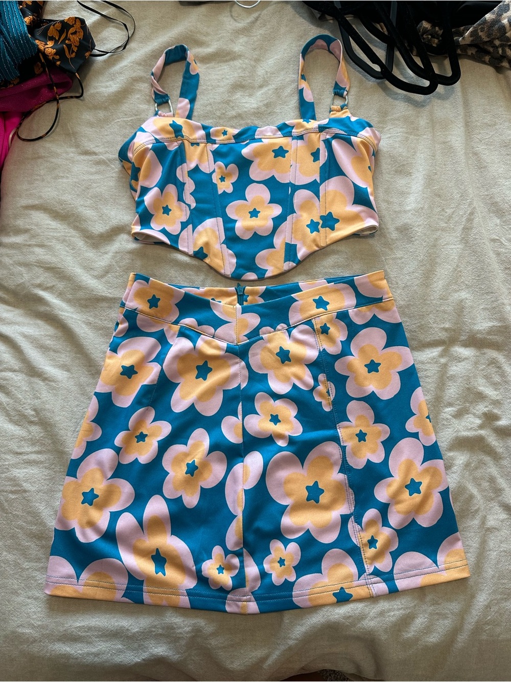 Floral Two-Piece Tank Top and Skirt Set - Blue with Pink & Yellow Flowers - Picture 2 of 5